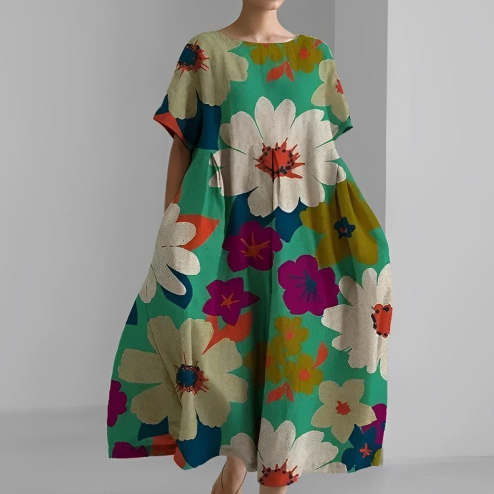 Damen Weit Geschnitten Maxikleid | Kleid mit Bunter Blumen-Print und Kurzarm