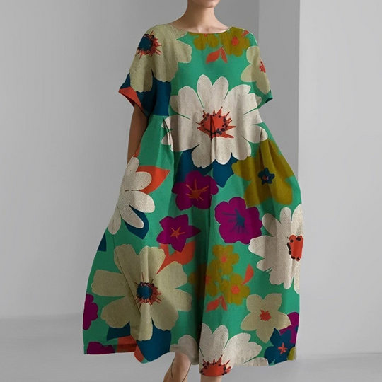 Damen Weit Geschnitten Maxikleid | Kleid mit Bunter Blumen-Print und Kurzarm