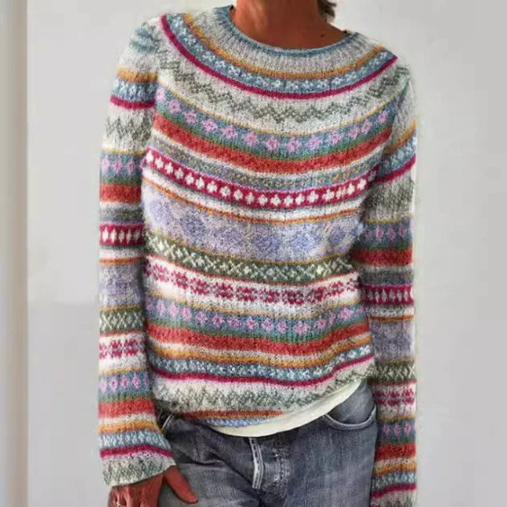 Norweger Grobstrickpullover Damen | Muster Rundhals Langarm