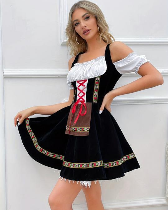 Damen Elegantes Schulterfreies Dirndl Kleid | Oktoberfest Trachtenkleid