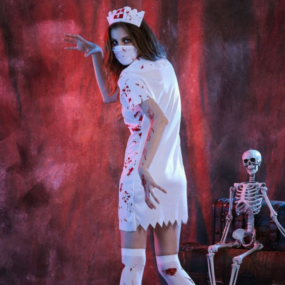 Damen Halloween Kostümkleid | Kurzarm Kleid mit Reißverschluss und Blutfleckendesign