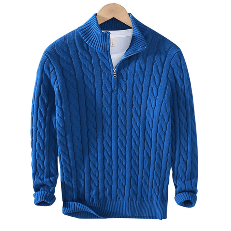 Herren Strickpullover mit Zopfmuster | Halbzip Rollkragen