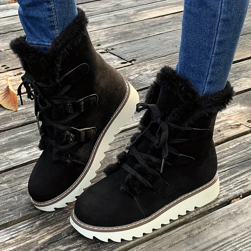 Winterschuhe Damen| Schnürung Mit Runder Kappe Und Plateau Stiefel