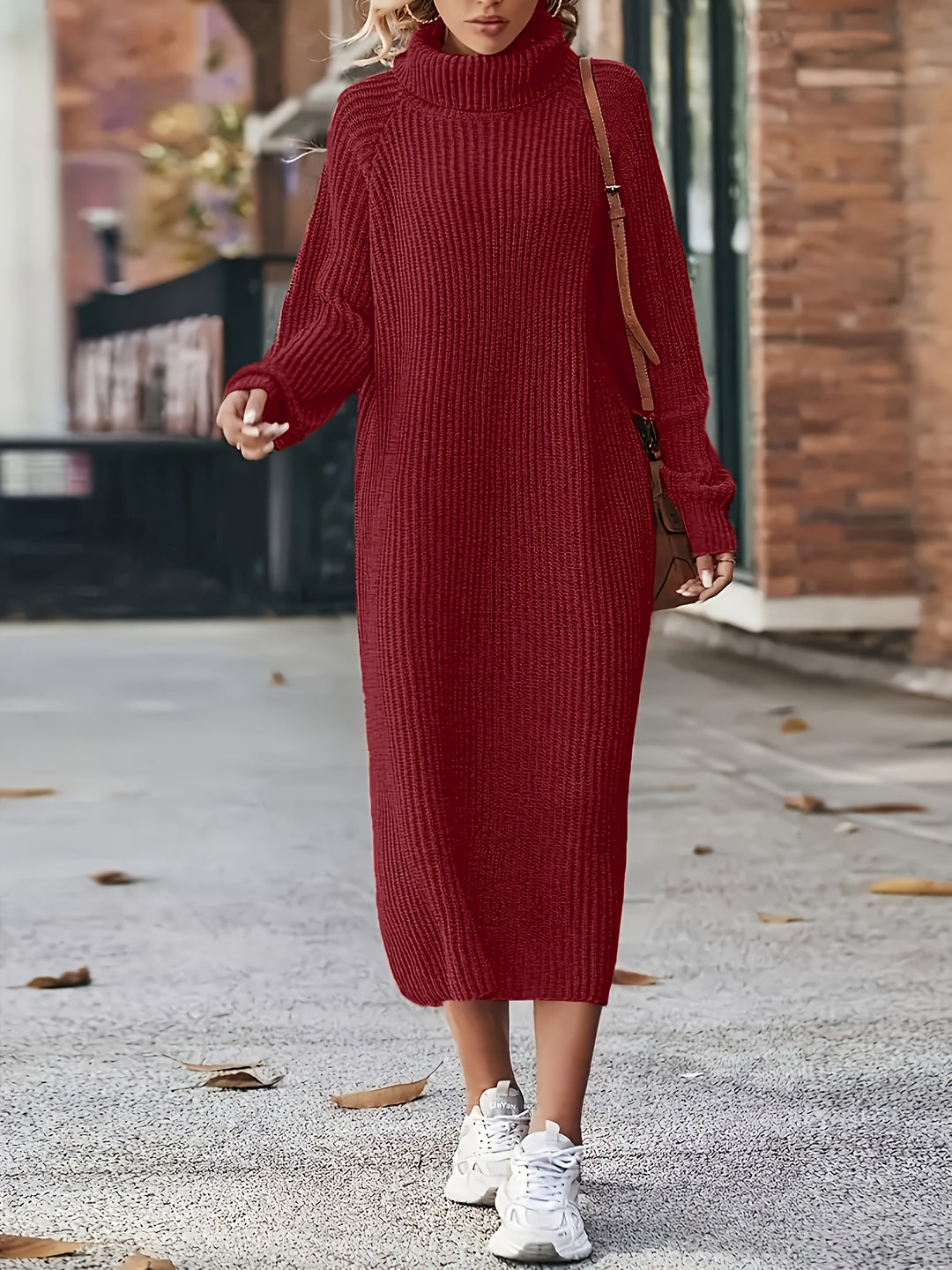 Damen Midi-Strickkleid | Hoher Kragen und Langarm
