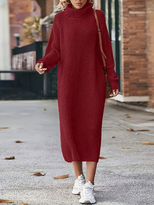 Damen Midi-Strickkleid | Hoher Kragen und Langarm