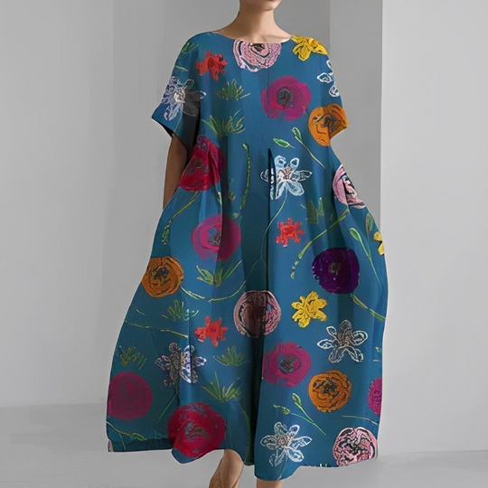 Damen Weit Geschnitten Maxikleid | Kleid mit Bunter Blumen-Print und Kurzarm