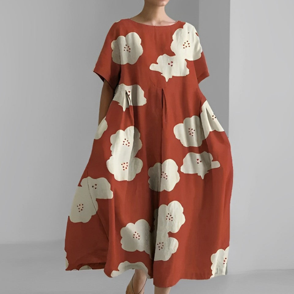 Damen Weit Geschnitten Maxikleid | Kleid mit Bunter Blumen-Print und Kurzarm