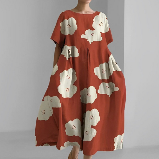 Damen Weit Geschnitten Maxikleid | Kleid mit Bunter Blumen-Print und Kurzarm