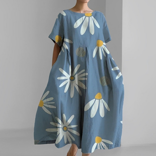Damen Weit Geschnitten Maxikleid | Kleid mit Bunter Blumen-Print und Kurzarm