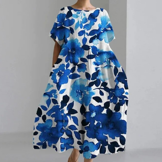 Damen Weit Geschnitten Maxikleid | Kleid mit Bunter Blumen-Print und Kurzarm