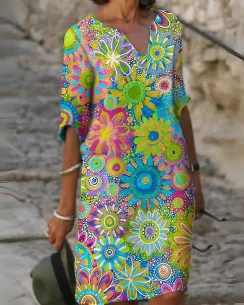 Damen Strandkleid Mini mit kurzen Ärmeln | Luftiges Boho Kleid mit Blumenprint
