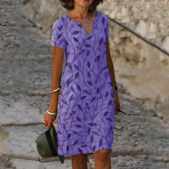 Damen Freizeitkleid mit Print | Midi Kleid mit V-Ausschnitt und praktischen Taschen