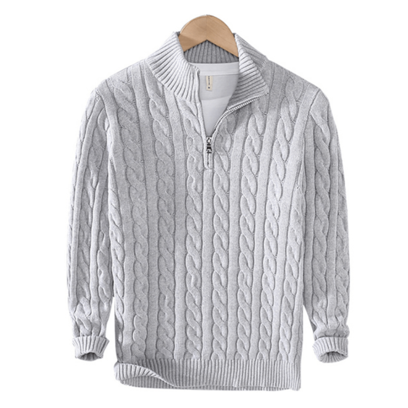 Herren Strickpullover mit Zopfmuster | Halbzip Rollkragen