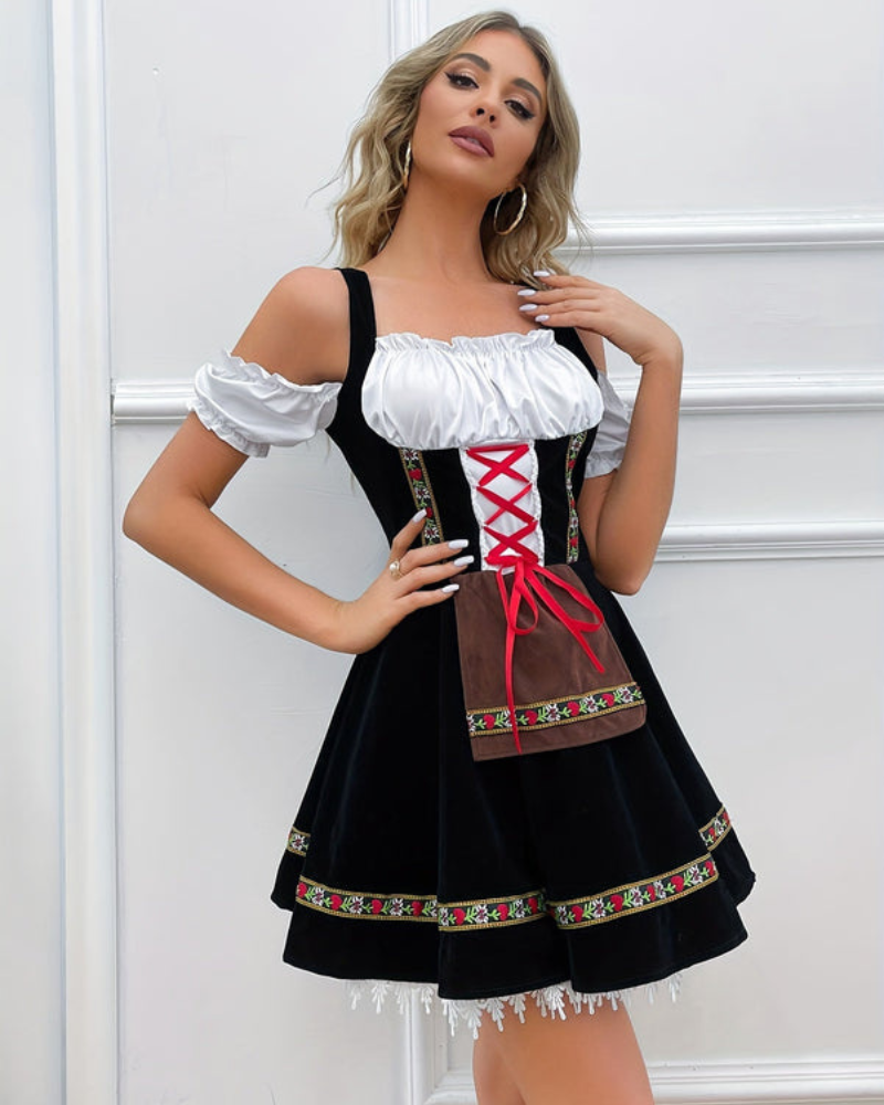 Damen Elegantes Schulterfreies Dirndl Kleid | Oktoberfest Trachtenkleid