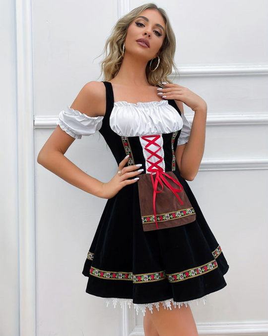 Damen Elegantes Schulterfreies Dirndl Kleid | Oktoberfest Trachtenkleid
