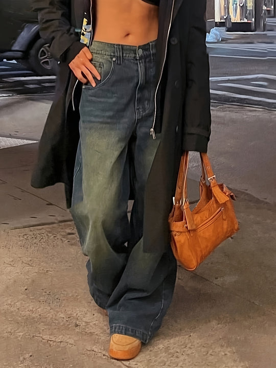 Baggy Jeans Damen | Gerades Weites Bein Mit Mid-Rise