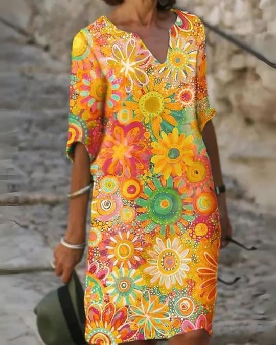 Damen Strandkleid Mini mit kurzen Ärmeln | Luftiges Boho Kleid mit Blumenprint