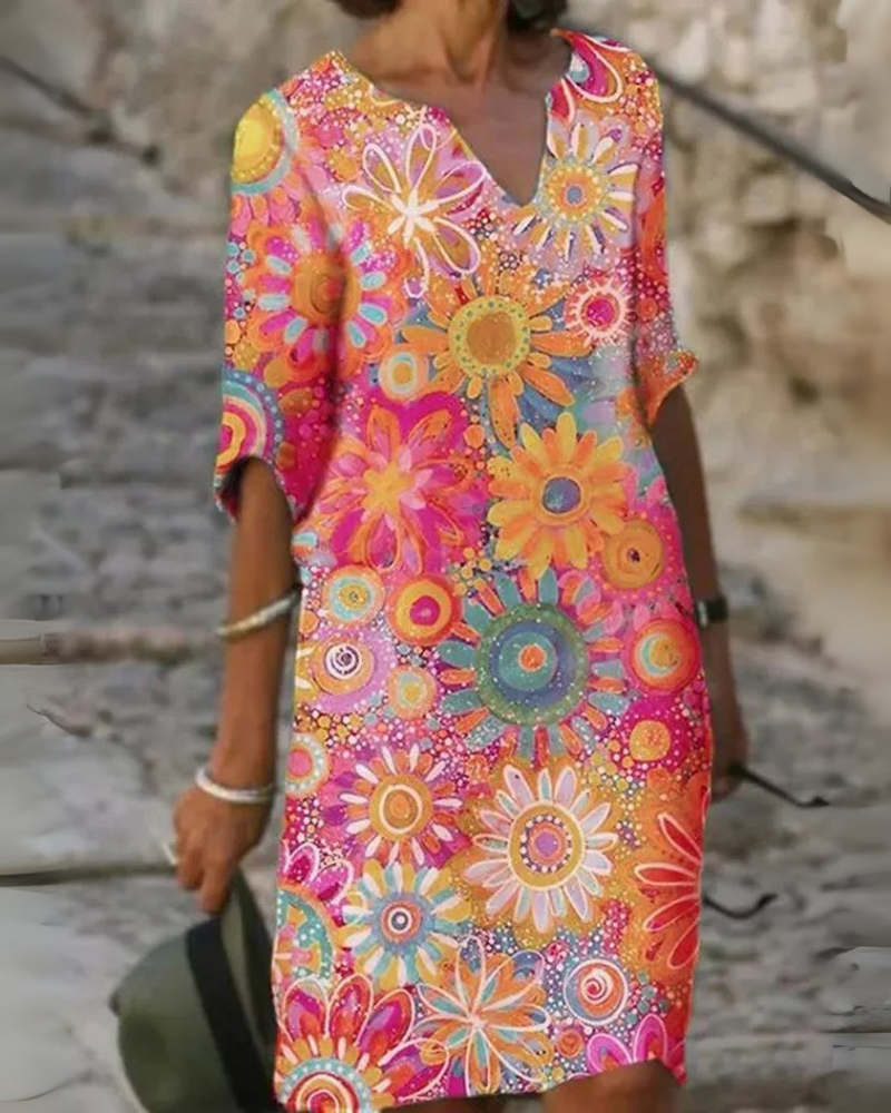 Damen Strandkleid Mini mit kurzen Ärmeln | Luftiges Boho Kleid mit Blumenprint