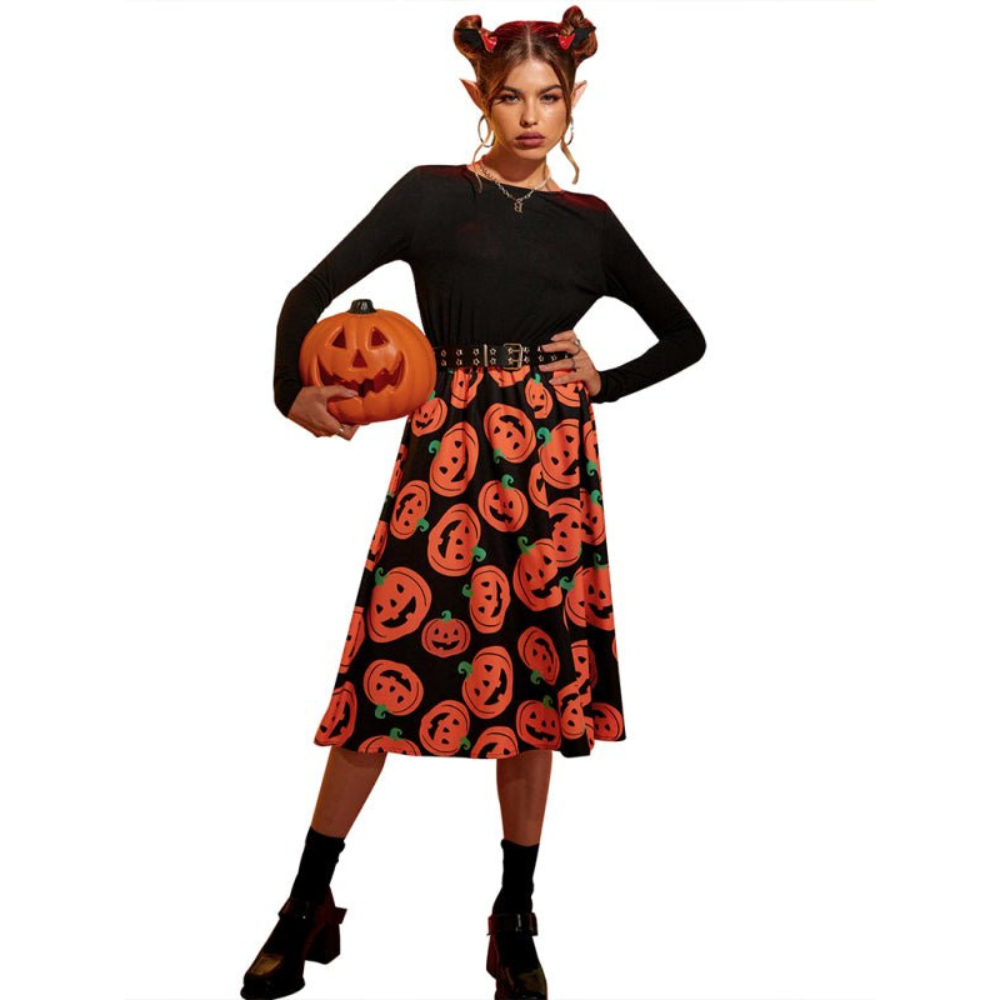 Damen Halloween-Kleid mit Kürbis-Print Langarm | Midi