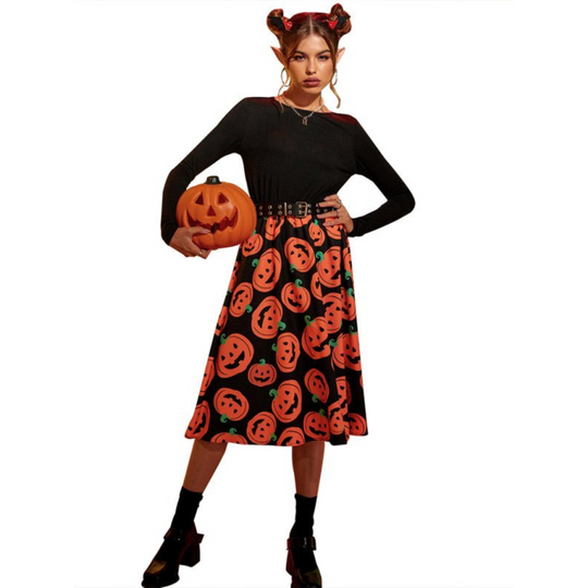 Damen Halloween-Kleid mit Kürbis-Print Langarm | Midi