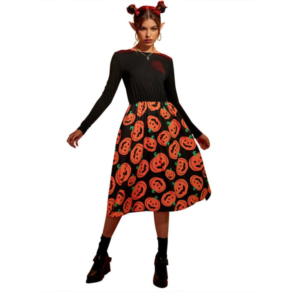 Damen Halloween-Kleid mit Kürbis-Print Langarm | Midi