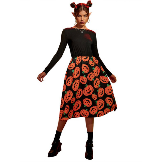 Damen Halloween-Kleid mit Kürbis-Print Langarm | Midi