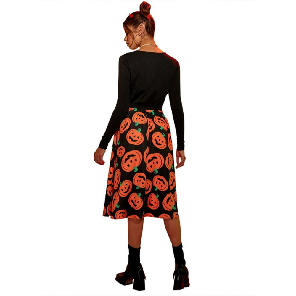 Damen Halloween-Kleid mit Kürbis-Print Langarm | Midi