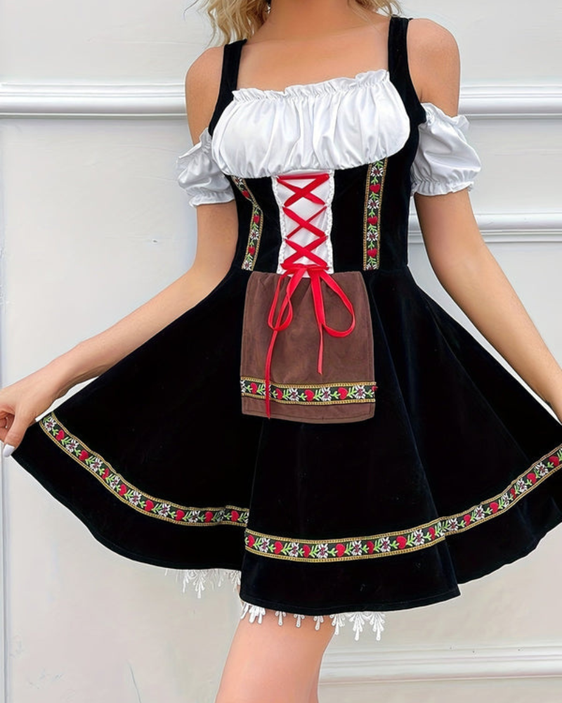 Damen Elegantes Schulterfreies Dirndl Kleid | Oktoberfest Trachtenkleid