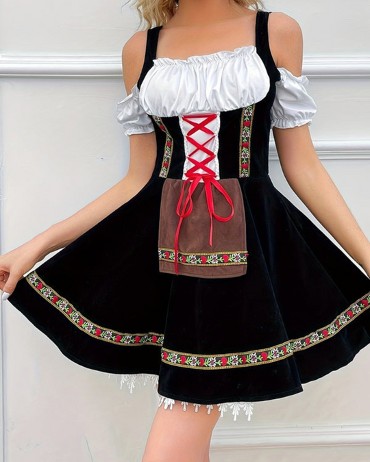Damen Elegantes Schulterfreies Dirndl Kleid | Oktoberfest Trachtenkleid