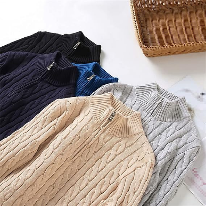 Herren Strickpullover mit Zopfmuster | Halbzip Rollkragen