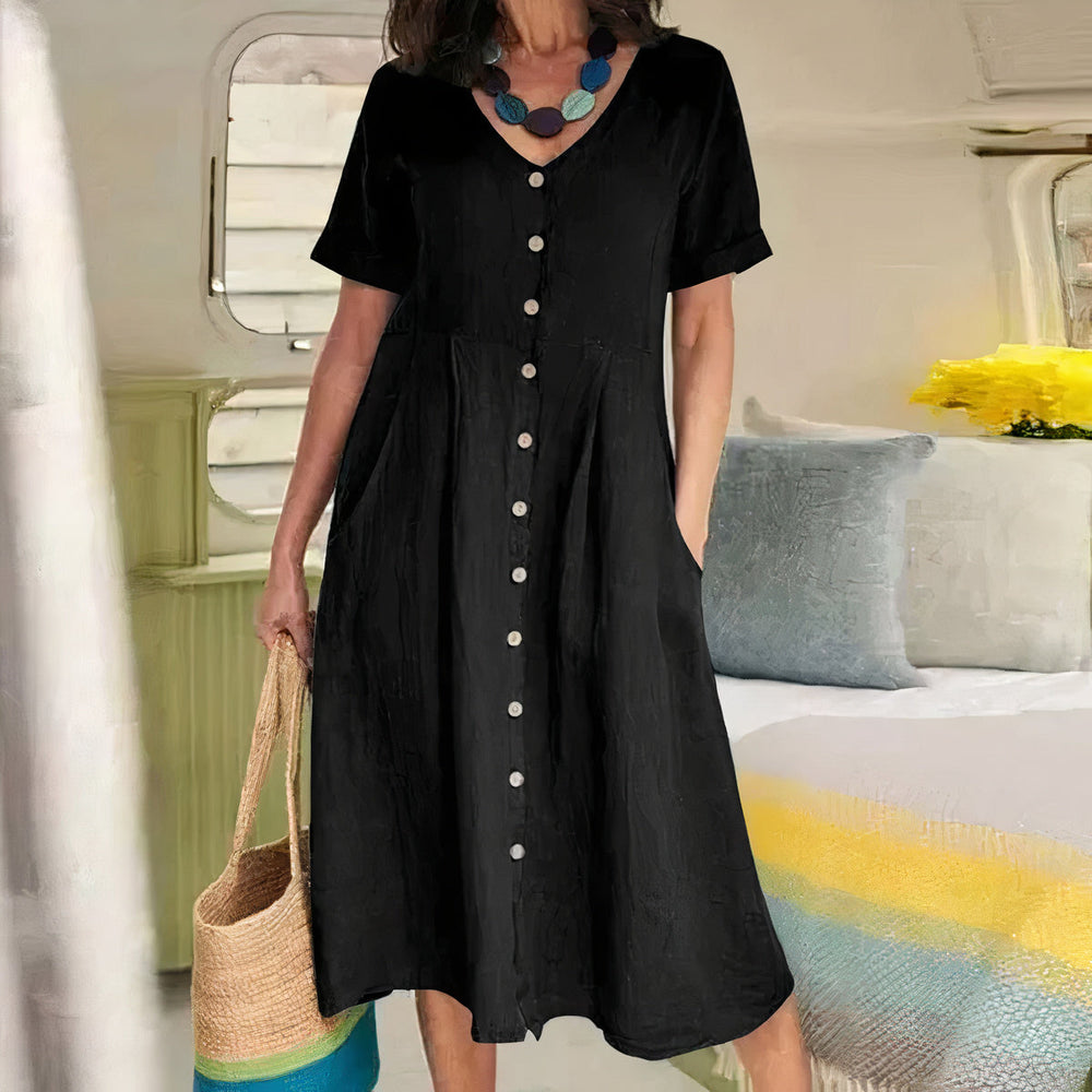 Damen Sommer Kurzarm-Leinen-Midikleid mit Knöpfen und Taschen