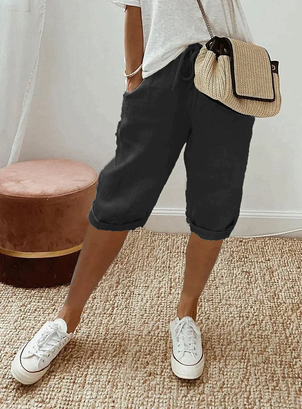 Leinen Kordelzug Caprihose für Damen