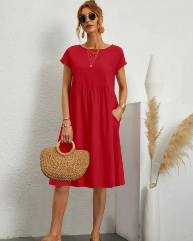 Damen Freizeitkleid mit Taschen | Midi Kleid mit Rundhals und kurzem Arm