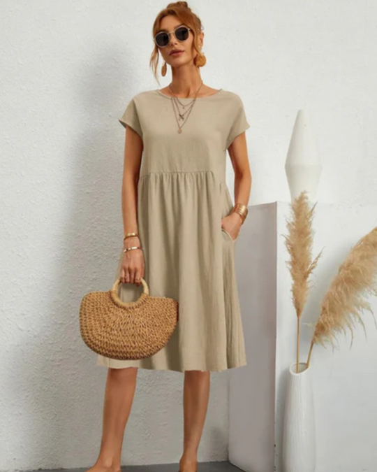 Damen Freizeitkleid mit Taschen | Midi Kleid mit Rundhals und kurzem Arm