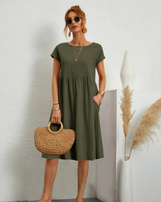 Damen Freizeitkleid mit Taschen | Midi Kleid mit Rundhals und kurzem Arm