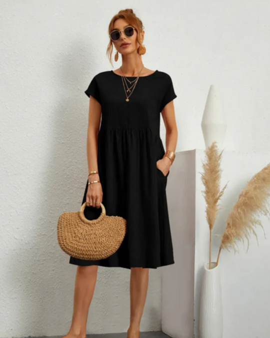 Damen Freizeitkleid mit Taschen | Midi Kleid mit Rundhals und kurzem Arm