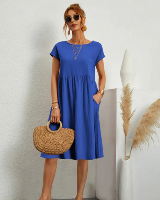 Damen Freizeitkleid mit Taschen | Midi Kleid mit Rundhals und kurzem Arm