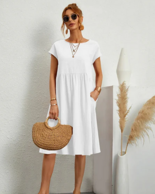 Damen Freizeitkleid mit Taschen | Midi Kleid mit Rundhals und kurzem Arm