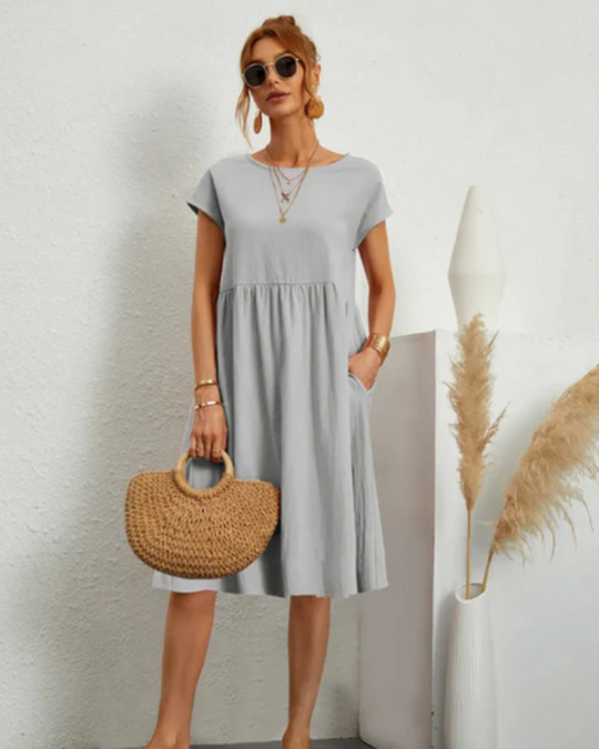 Damen Freizeitkleid mit Taschen | Midi Kleid mit Rundhals und kurzem Arm