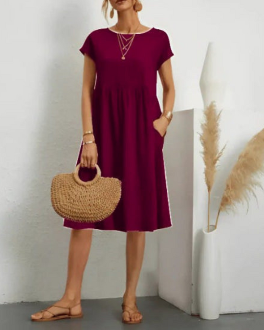 Damen Freizeitkleid mit Taschen | Midi Kleid mit Rundhals und kurzem Arm