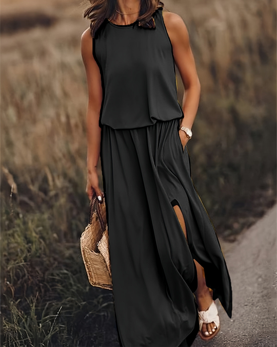 Damen Sommer Maxikleid mit Schlitz | Ärmelloses Kleid mit Taschen und Rundhals