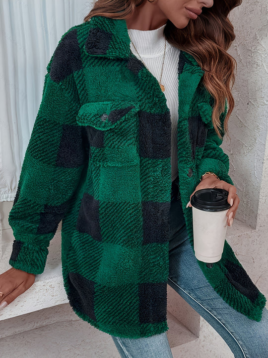 Karierte Fleecejacke für Damen | Knopfleiste vorne mit Taschen