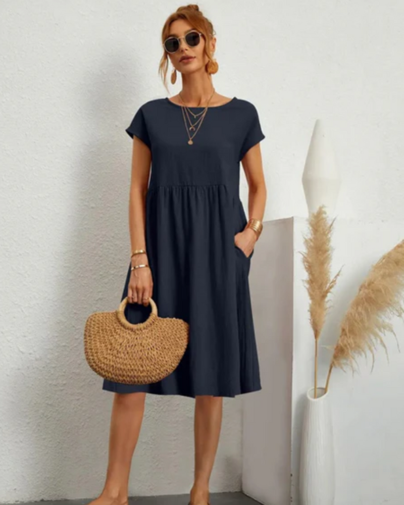 Damen Freizeitkleid mit Taschen | Midi Kleid mit Rundhals und kurzem Arm