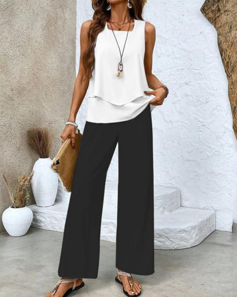 Damen Elegantes Twin Set | Ärmeloses Top und Gerade Geschnittene Hose