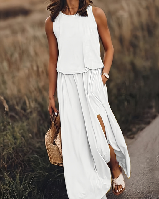 Damen Sommer Maxikleid mit Schlitz | Ärmelloses Kleid mit Taschen und Rundhals