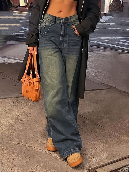 Baggy Jeans Damen | Gerades Weites Bein Mit Mid-Rise