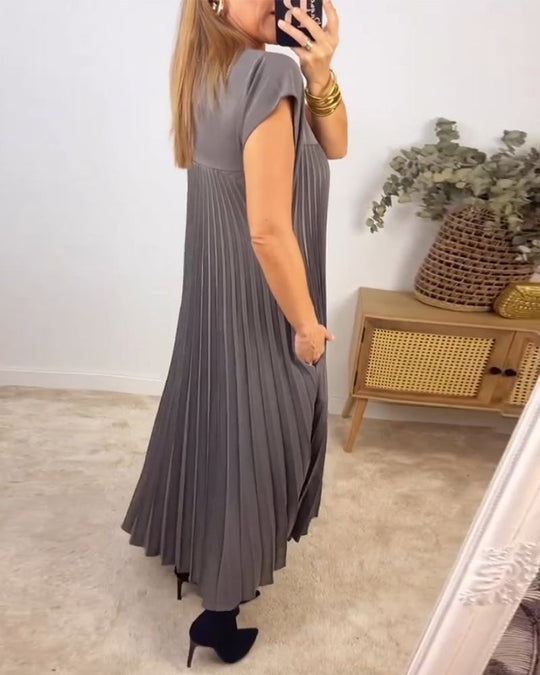 Damen Sommer Kurzen Ärmeln Maxikleid mit Falten