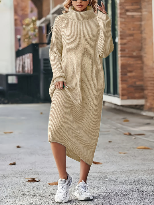Damen Midi-Strickkleid | Hoher Kragen und Langarm