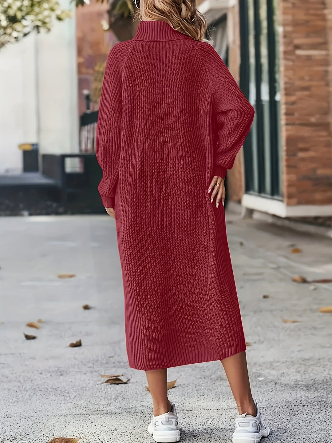 Damen Midi-Strickkleid | Hoher Kragen und Langarm