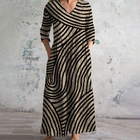 Damen Sommer-Halber Ärmel Maxikleid mit Streifen und V-Ausschnitt